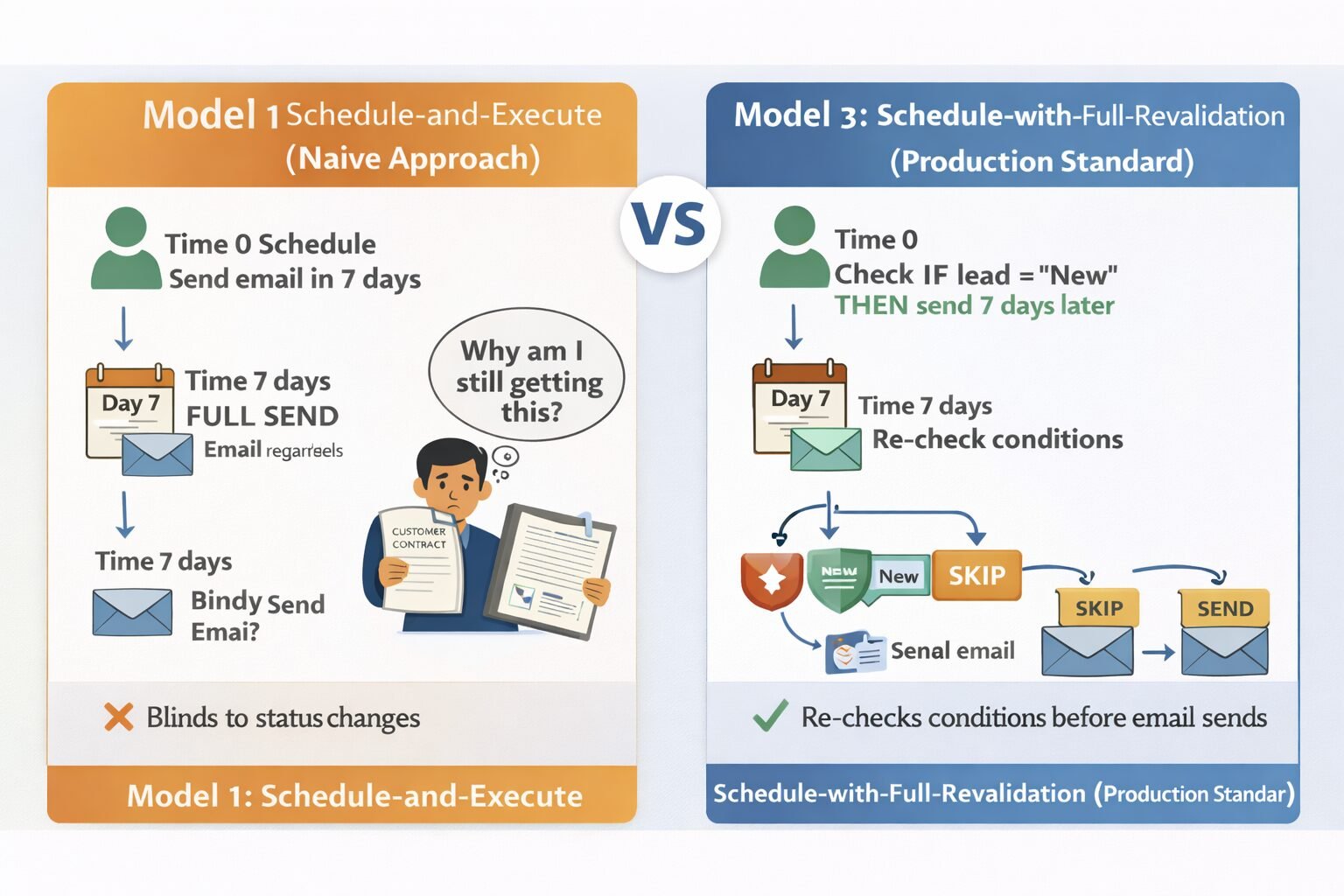 Model 1: Schedule-and-Execute (Naive Approach) vs Model 3: Schedule-with-Full-Revalidation (Production Standard)
